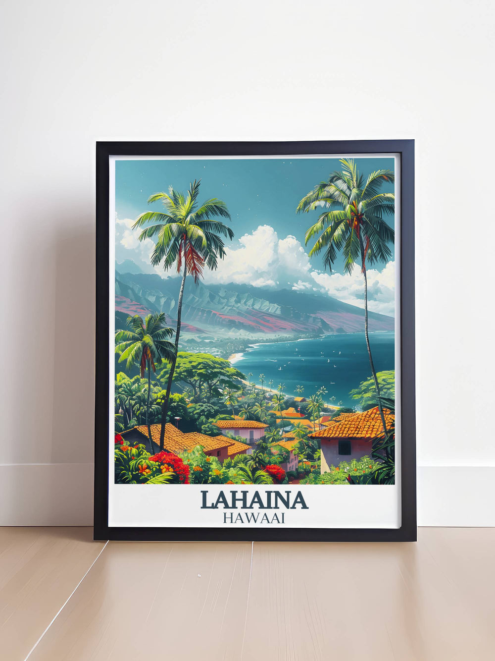 Vibrant framed art of Front Street, Lahaina, depicting colorful festivities and historic buildings, ideal for those who love Hawaiian culture.