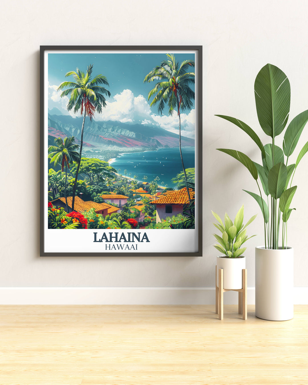 Vintage poster of Lahaina, Hawaii, with a classic look of the beach and palm trees, suitable for creating a nostalgic tropical decor.