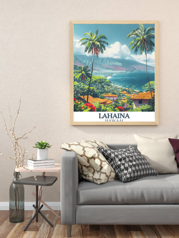 Artistic representation of Front Street in a Lahaina Maui poster, showcasing the bustling street life and tropical ambiance.