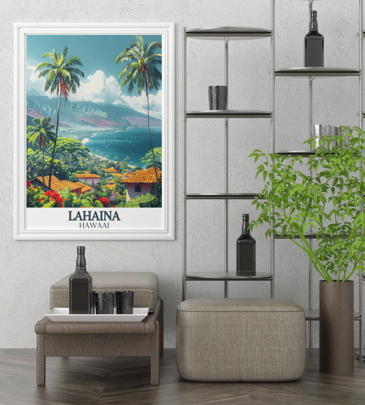 Tropical wall decor featuring detailed illustrations of Lahainas beaches and Front Street, perfect for enhancing any living space with Hawaiian vibes.