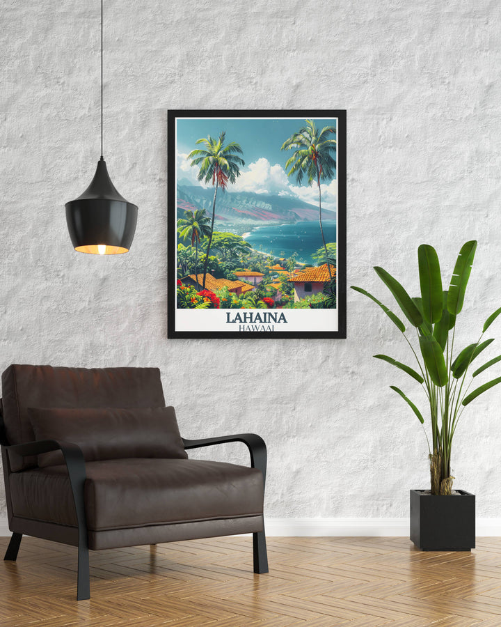 Custom Hawaiian print featuring iconic landmarks of Lahaina, ideal for gifting to lovers of travel and culture.