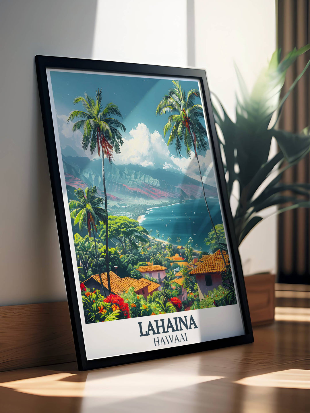 Vintage style framed art of Front Street, Lahaina, capturing the essence of Mauis rich history and vibrant street scenes.