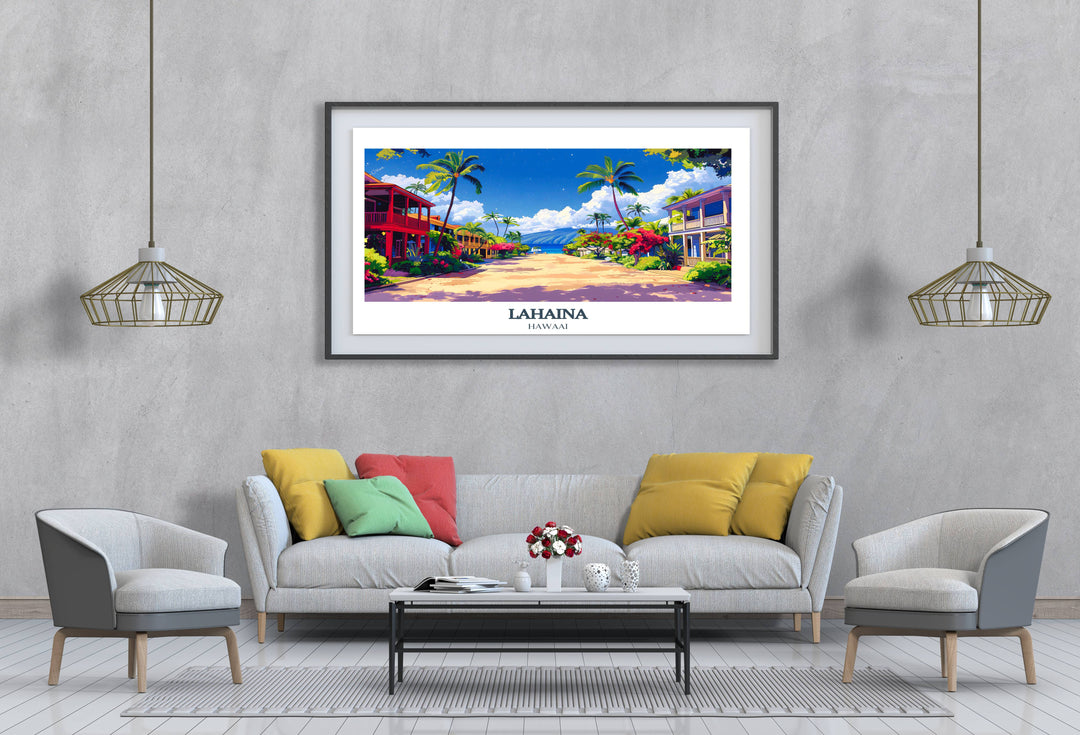 Explore Lahaina travel poster featuring vibrant street scenes and tropical beaches, ideal for Hawaii home decor