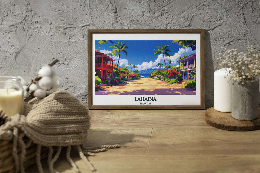Poster of Lahaina Maui with vibrant artwork highlighting the cultural and natural beauty of Hawaii, ideal for collectors and decor enthusiasts.