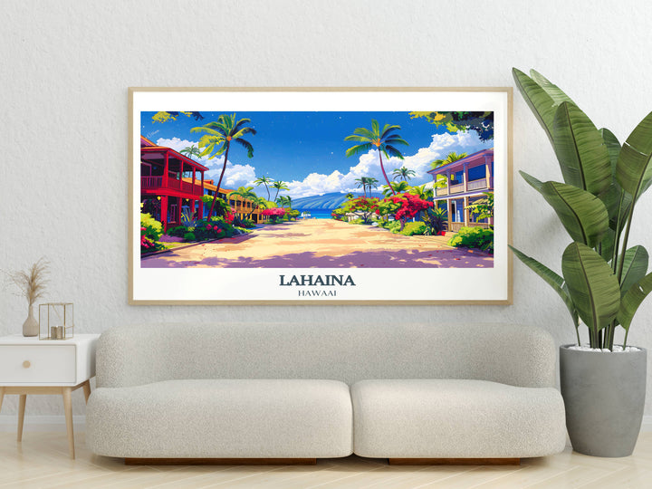 Tropical wall decor print from Lahaina illustrating lush landscapes and vibrant street scenes, bringing Hawaiian charm to any room.