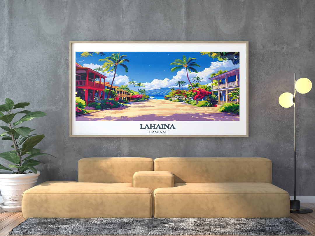 Detailed art print of Front Street, Lahaina, showing off the bustling nightlife and cultural richness, perfect for urban and tropical art enthusiasts.