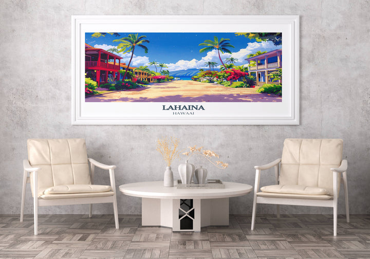 Lahaina print displaying iconic Hawaiian flora and fauna, a beautiful addition to any tropical wall decor collection