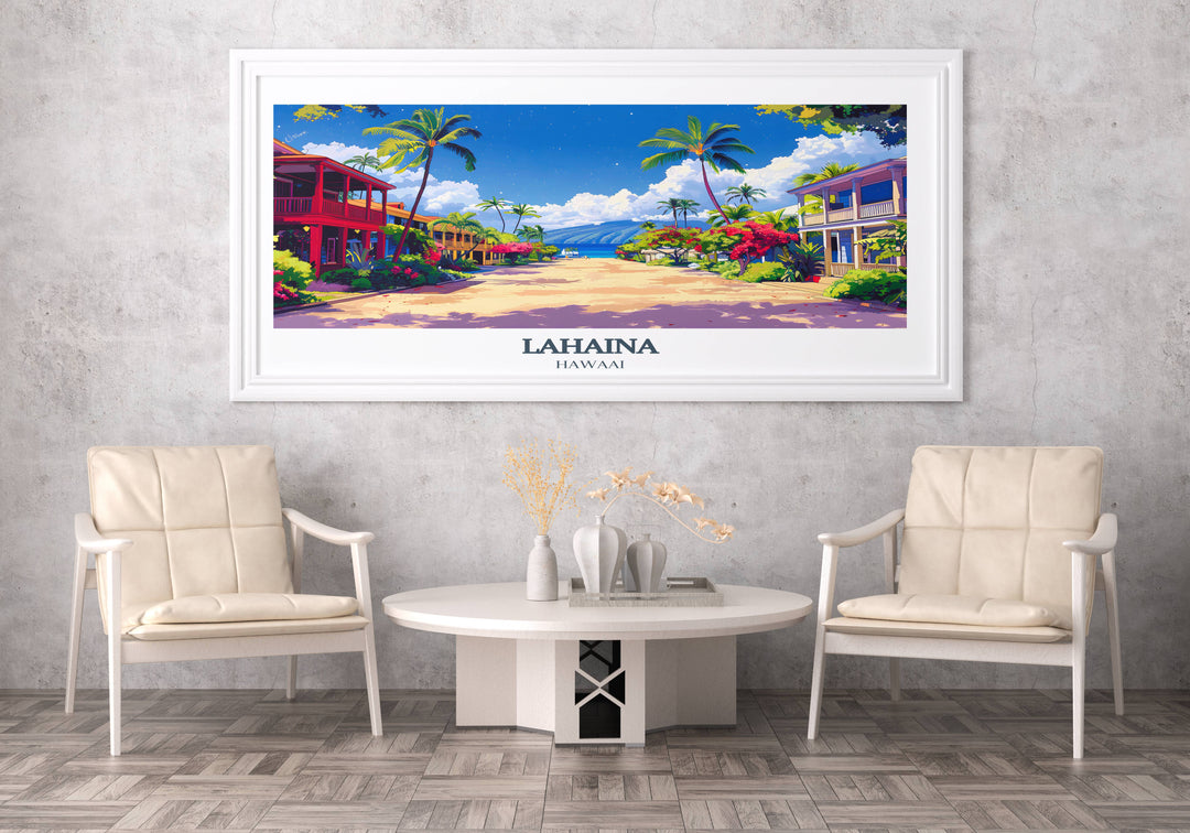Lahaina beach scene poster, ideal for adding a serene and picturesque Hawaiian view to any interior design.