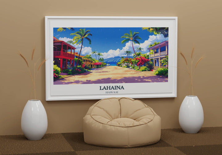 Custom print of Lahainas oceanfront, showcasing stunning sunset views over Maui, perfect for a personalized home decor piece.