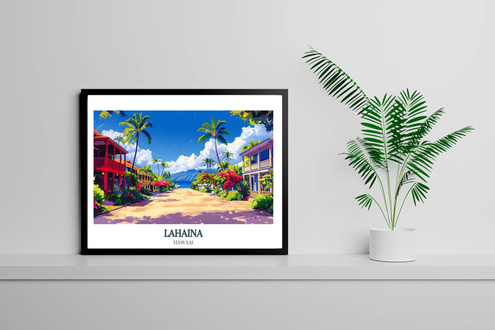 Tropical wall decor featuring Lahaina art, capturing the lively atmosphere of Lahaina’s markets and beaches