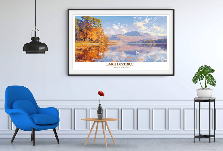 Art print highlighting the tranquility of Derwentwater, suitable for creating a calm and inviting atmosphere.