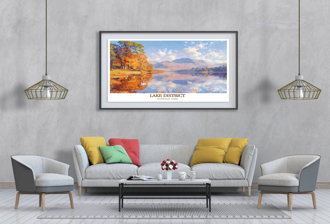 Print of Derwentwater at dusk, showing the lakes peaceful waters against a backdrop of vibrant sunset colors, great for any living space.