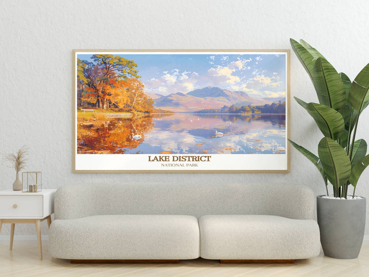 Poster of Derwentwater with detailed artistry highlighting the lakes reflective surface and lush surroundings.