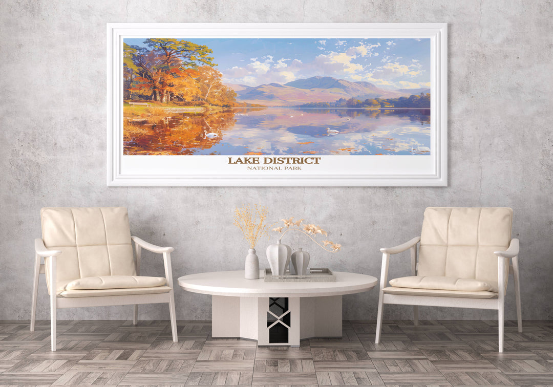 UK poster featuring a stunning view of Derwentwater, blending traditional and contemporary art styles, perfect for office or home.