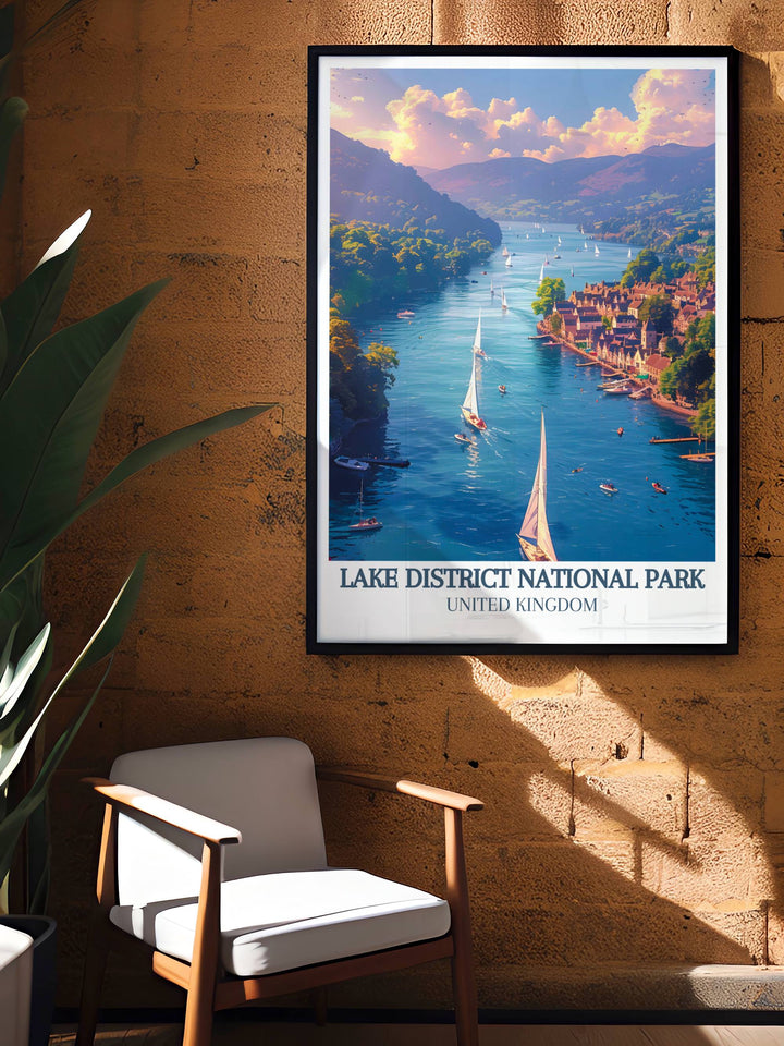 National park print of the Lake District, illustrating the diverse terrain from high peaks to deep lakes, ideal for nature enthusiasts.