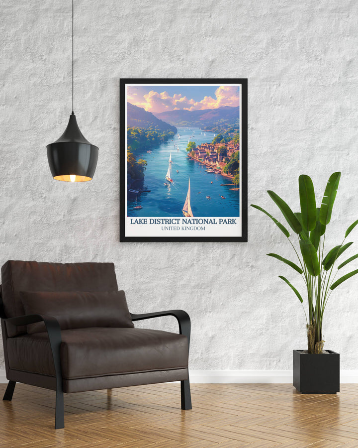 Framed print highlighting the tranquil waters of Windermere, suitable for creating a peaceful atmosphere in any room.