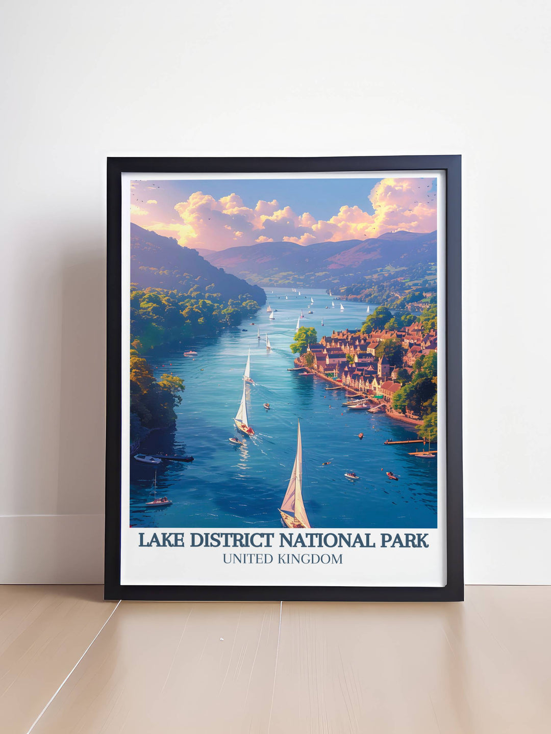 Framed art print of Windermere Lake, depicting serene water surrounded by scenic landscapes, ideal for adding a touch of tranquility to home decor.