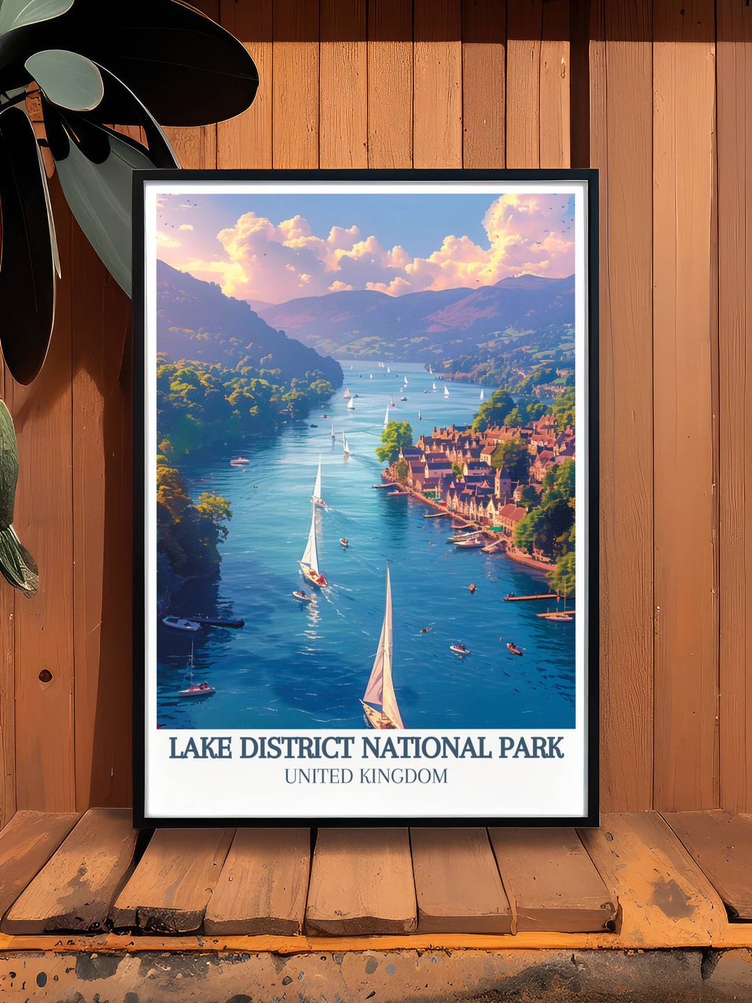 Art print of Windermere during sunset, showing the lakes reflective beauty under changing light, perfect for a living room or study.