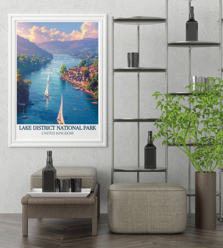 Vintage travel poster of Windermere, evoking the timeless appeal of this famous English lake with detailed artistic representations.