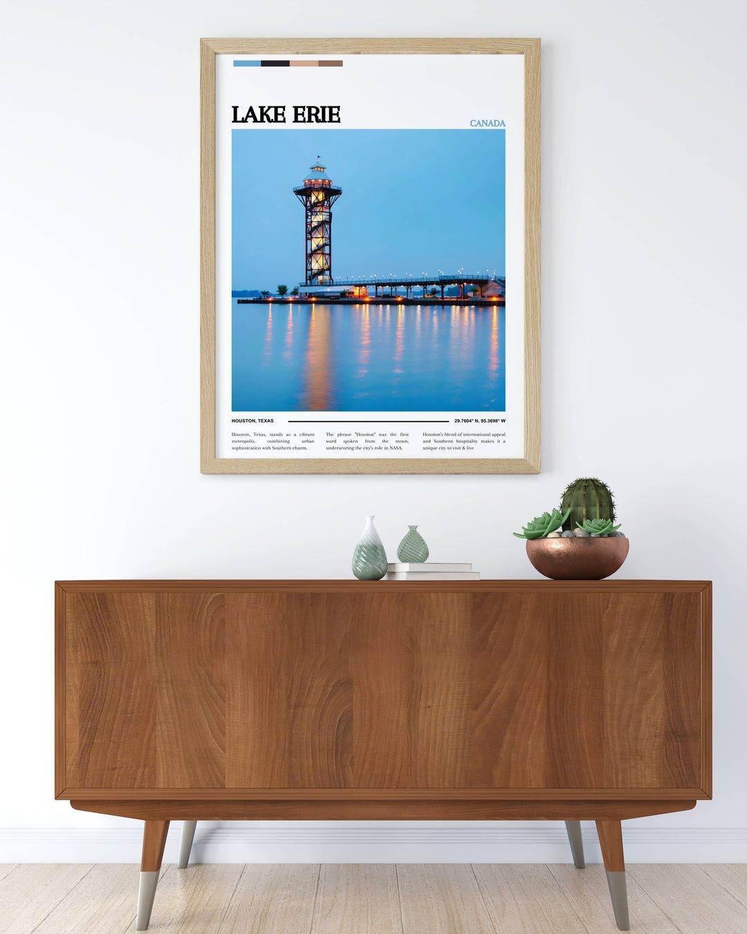 Travel poster highlighting Lake Eries attractions, ideal for decorating a travel enthusiasts space or a lakeside cabin.