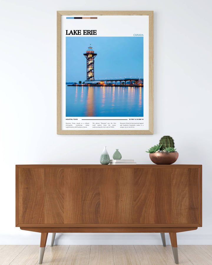 Travel poster highlighting Lake Eries attractions, ideal for decorating a travel enthusiasts space or a lakeside cabin.
