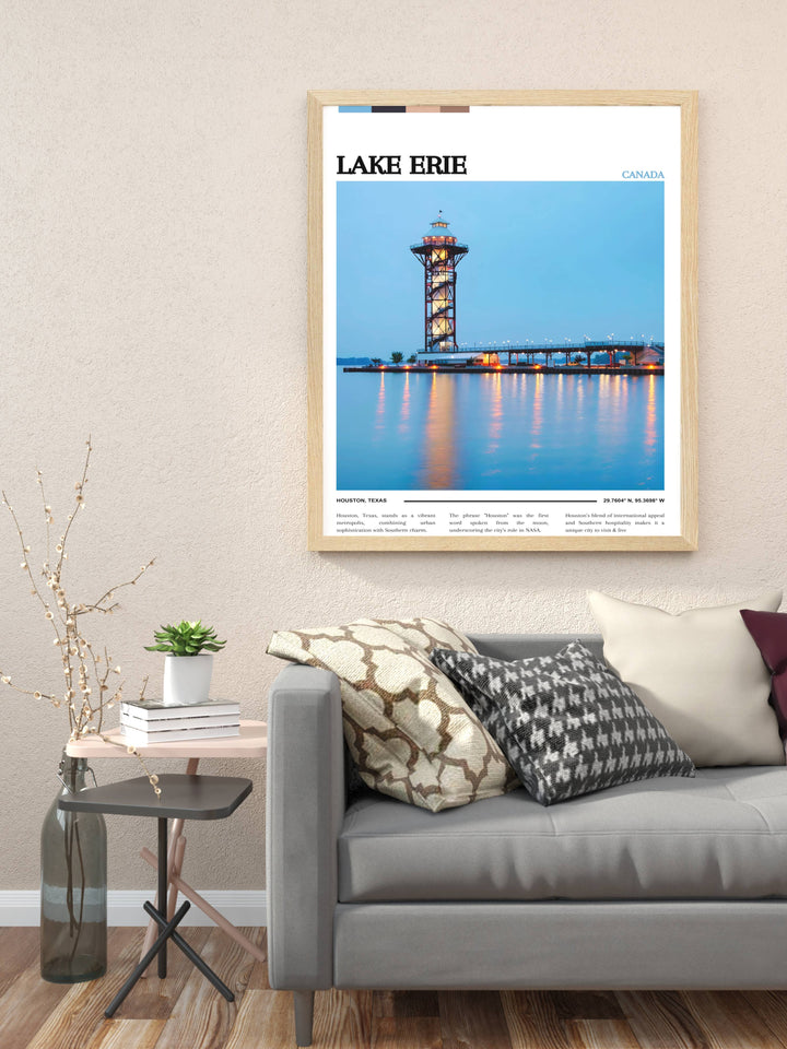 Art print depicting a detailed map of Lake Erie, showing key cities and attractions along the lake, great for educational or decorative purposes.