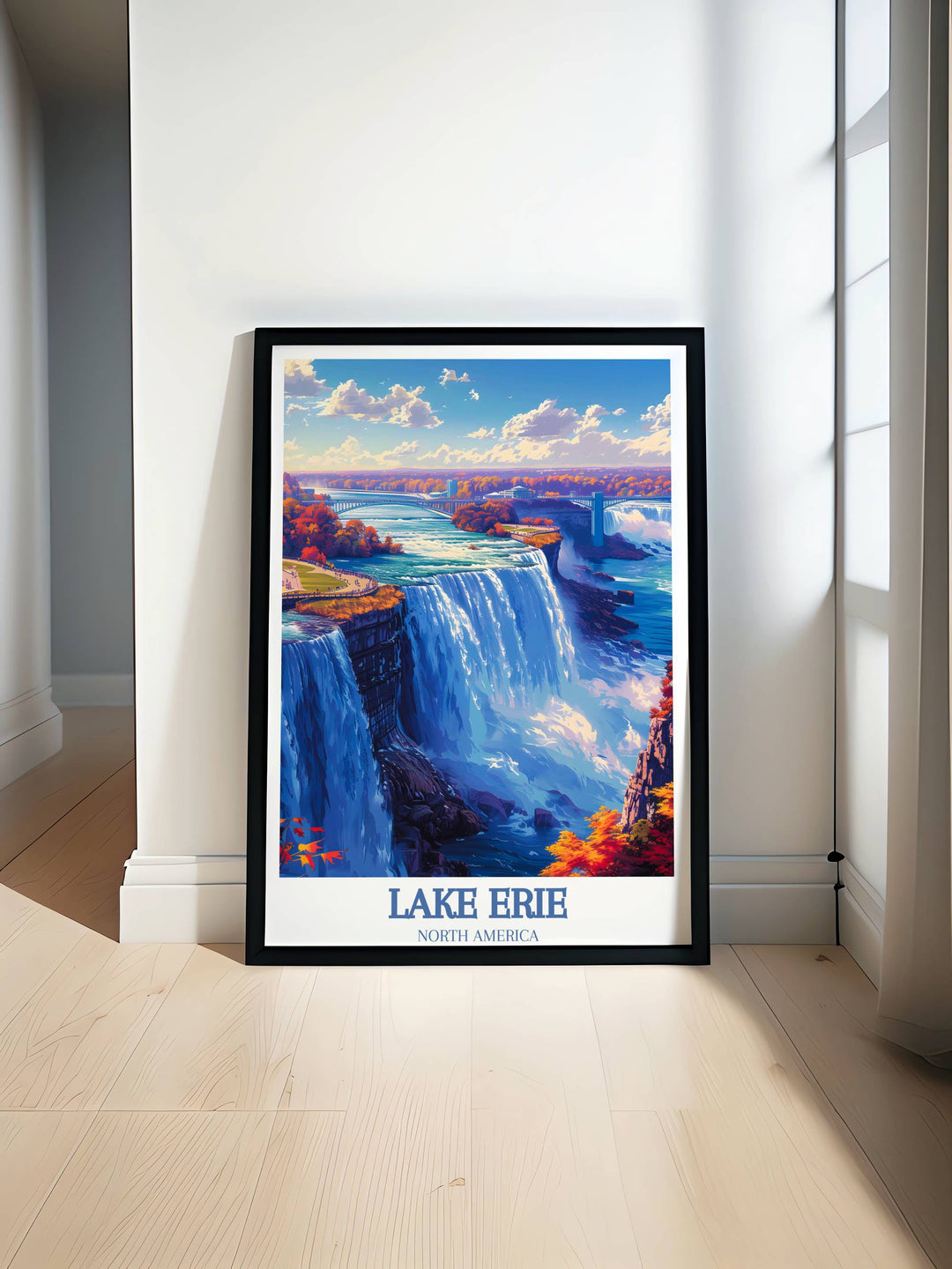 Captivating wall art of Niagara Falls in full flow, showcasing the powerful rush of water and mist against a vibrant sunrise, ideal for a dynamic office or home setting.