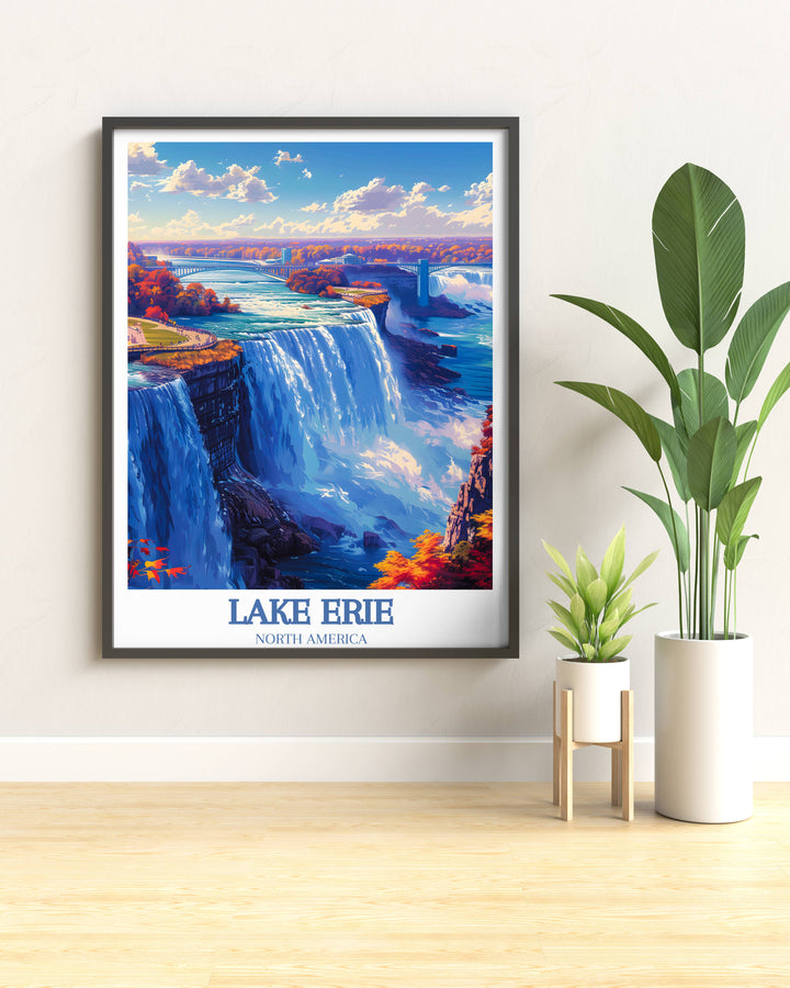 Detailed artwork of Lake Eries serene waters, bordered by lush greenery, offering a refreshing look suitable for any lake house decor or study room.