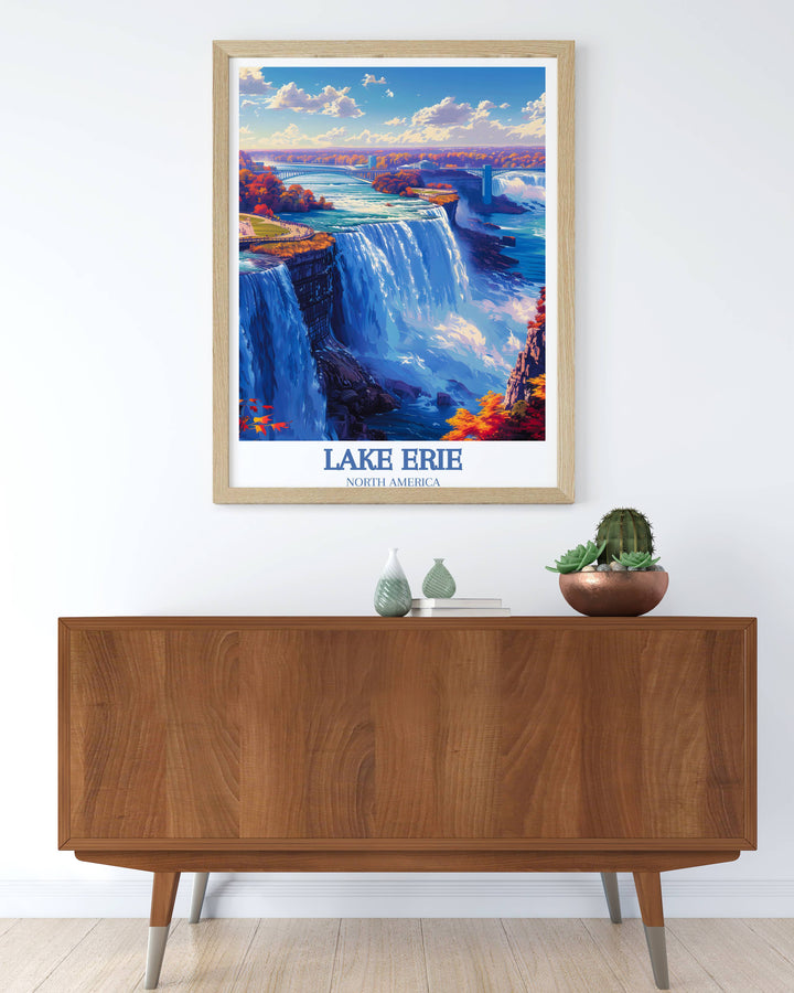 Breathtaking view of Niagara Falls captured during peak flow, with vibrant colors and dynamic water movement, perfect for making a bold statement in a large room.