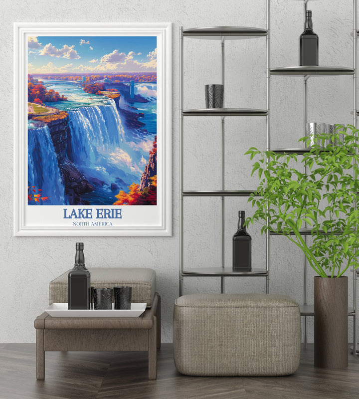 Artistic depiction of a calm Lake Erie with reflections of fluffy clouds, designed to bring a sense of tranquility and expansiveness to any home office or living area.