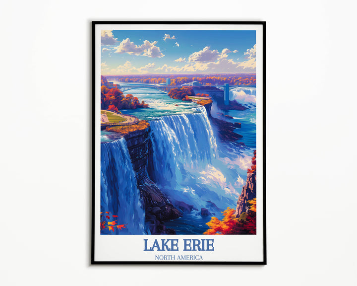 Vibrant and colorful travel poster of Niagara Falls, emphasizing the spray and power of the water, perfect for inspiring wanderlust in a travel-themed room.
