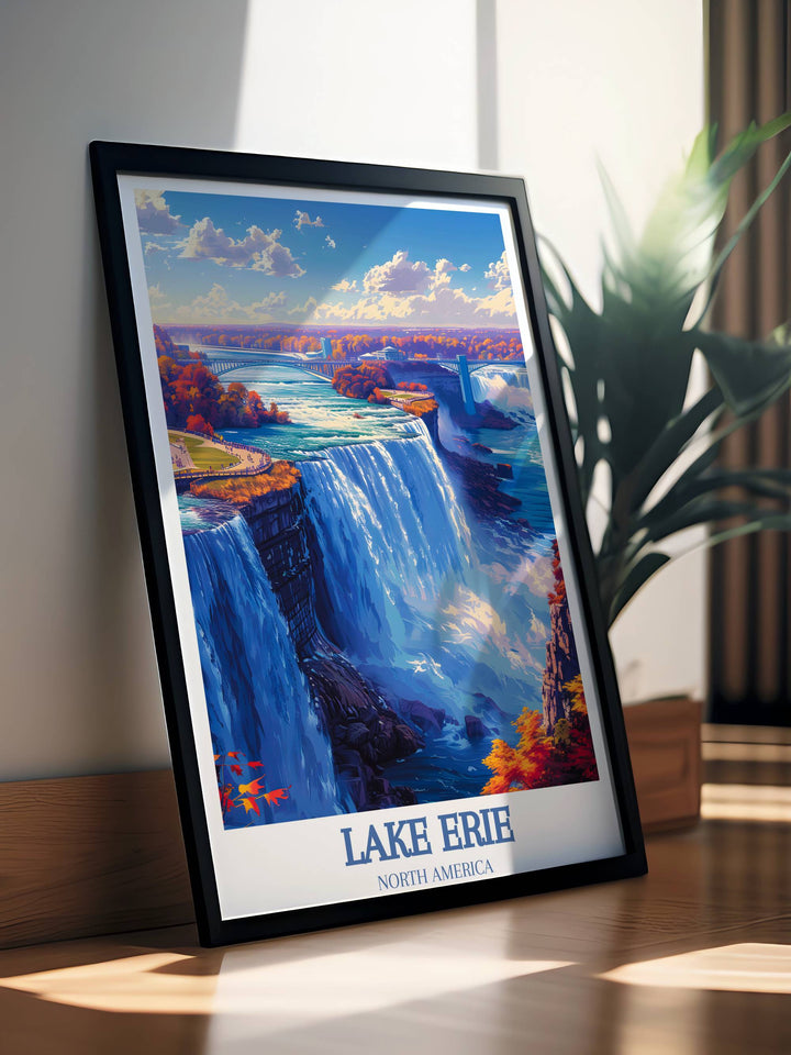 Lake Erie travel poster showcasing key travel destinations around the lake, ideal for travel enthusiasts and local explorers.