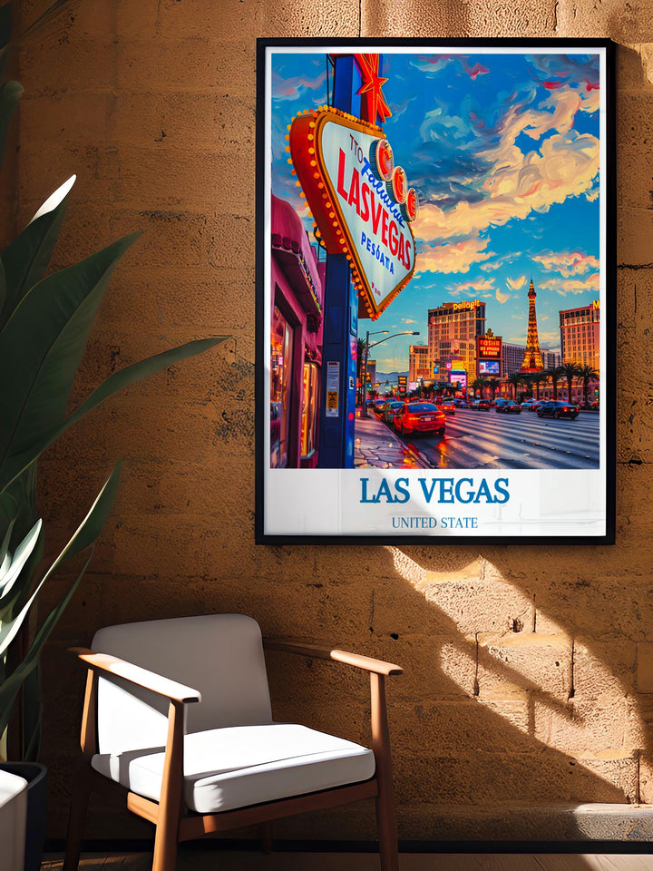 Customizable print of the Las Vegas skyline at dusk, tailored to match personal decor style and color preferences.