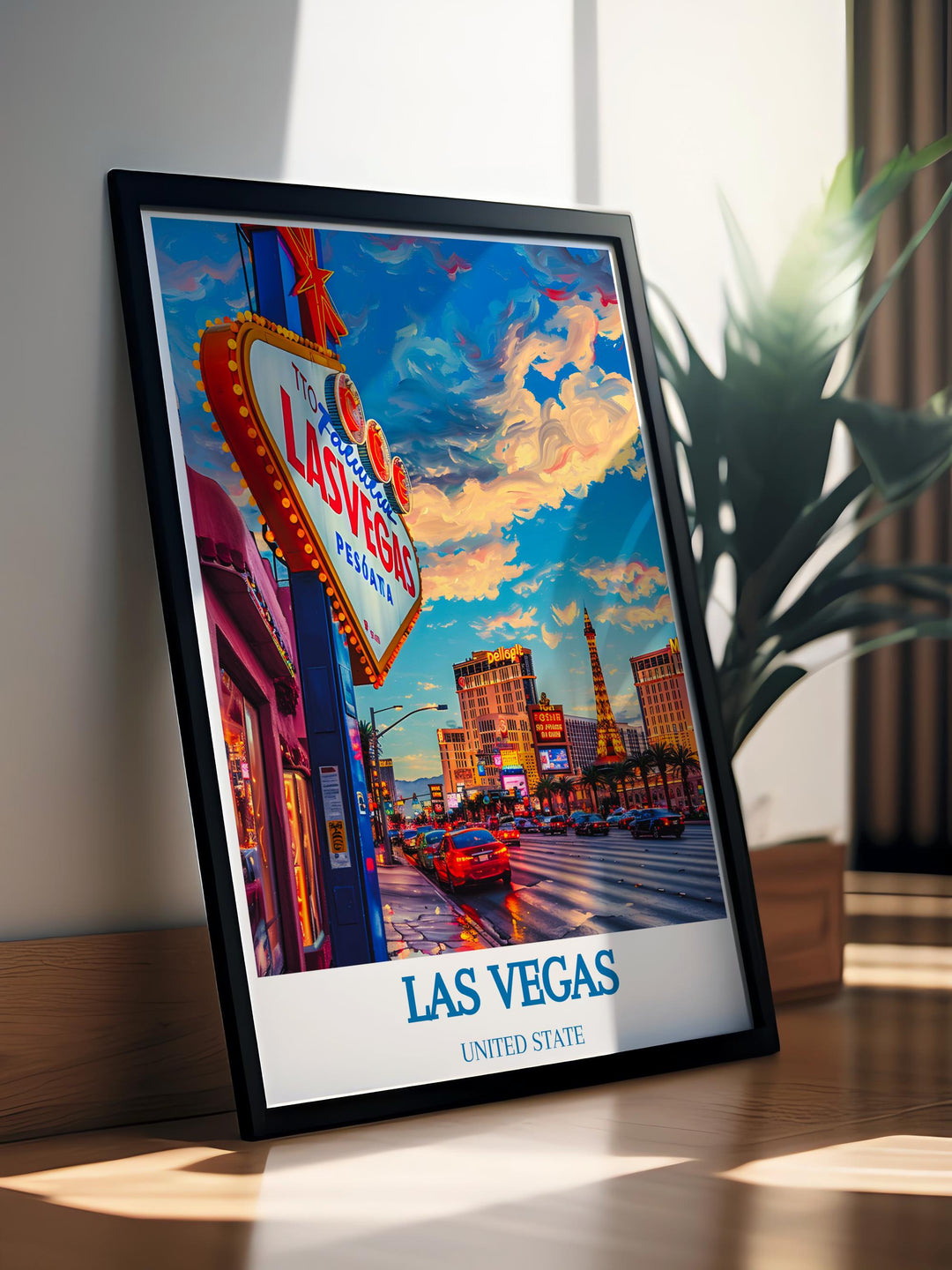 United States travel poster featuring classic Las Vegas attractions, suitable for decorating a travel themed room or office.