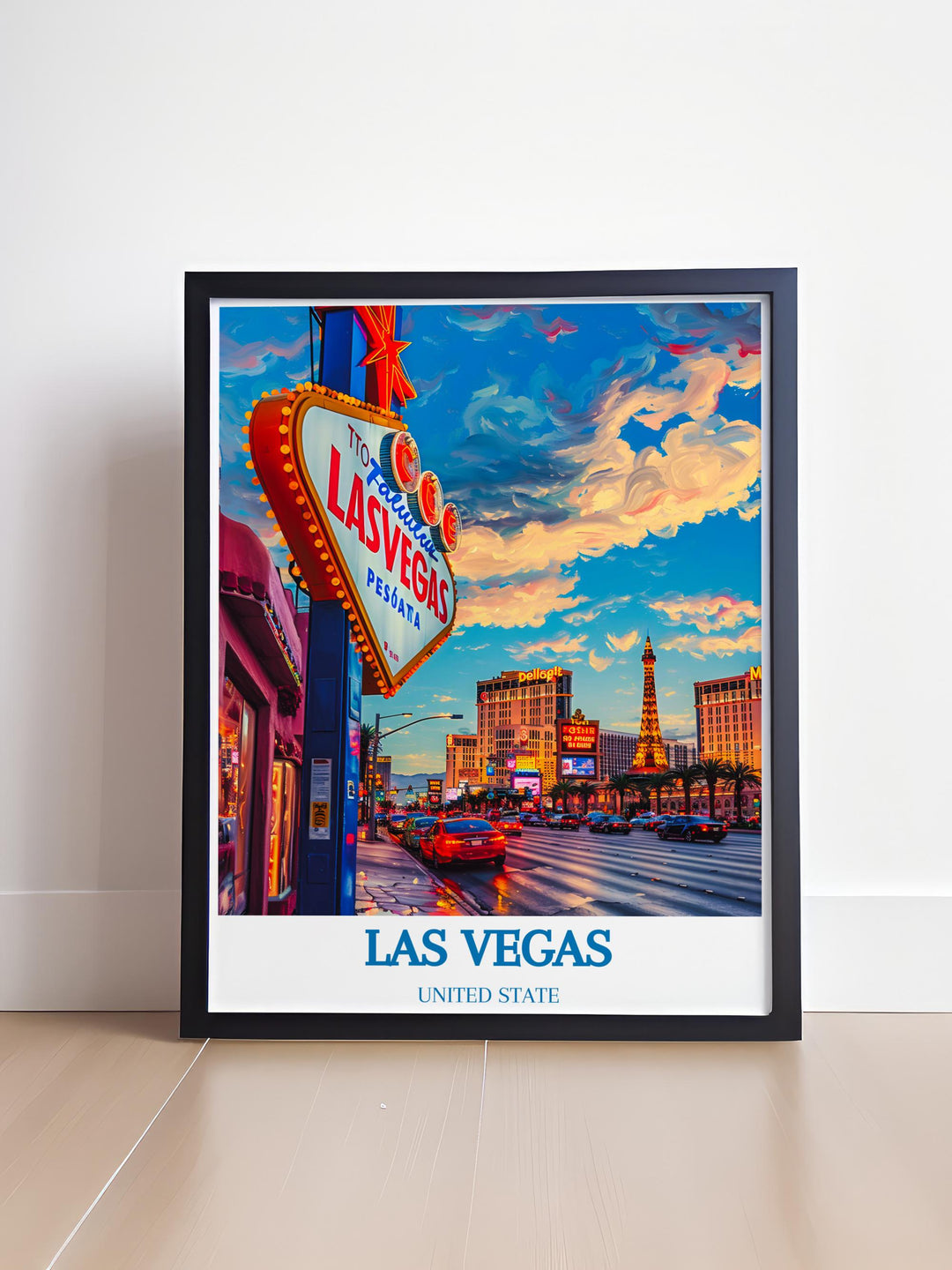 Framed art piece showcasing an iconic view of the Las Vegas Strip, ideal for those who appreciate the citys dynamic nightlife.