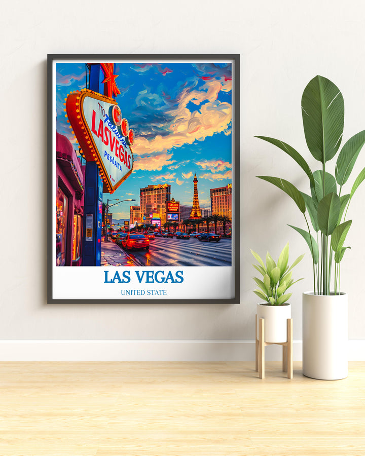 Vintage poster of the United States with a focus on Las Vegas, blending historical art styles with modern aesthetics.