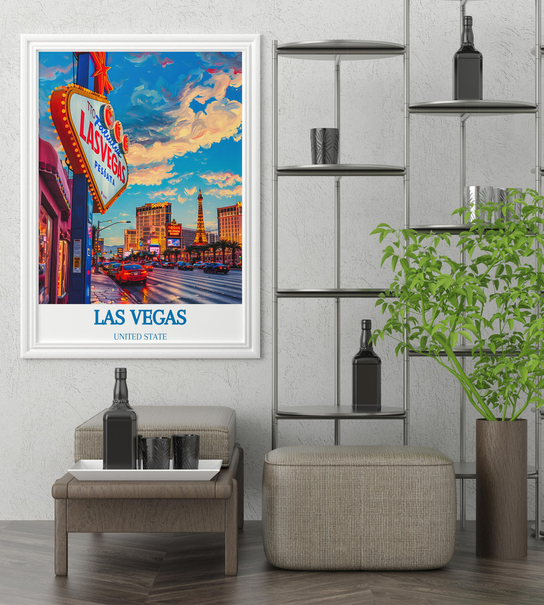 Artwork capturing the bustling atmosphere of the Las Vegas Strip during a lively evening, great for urban decor themes.