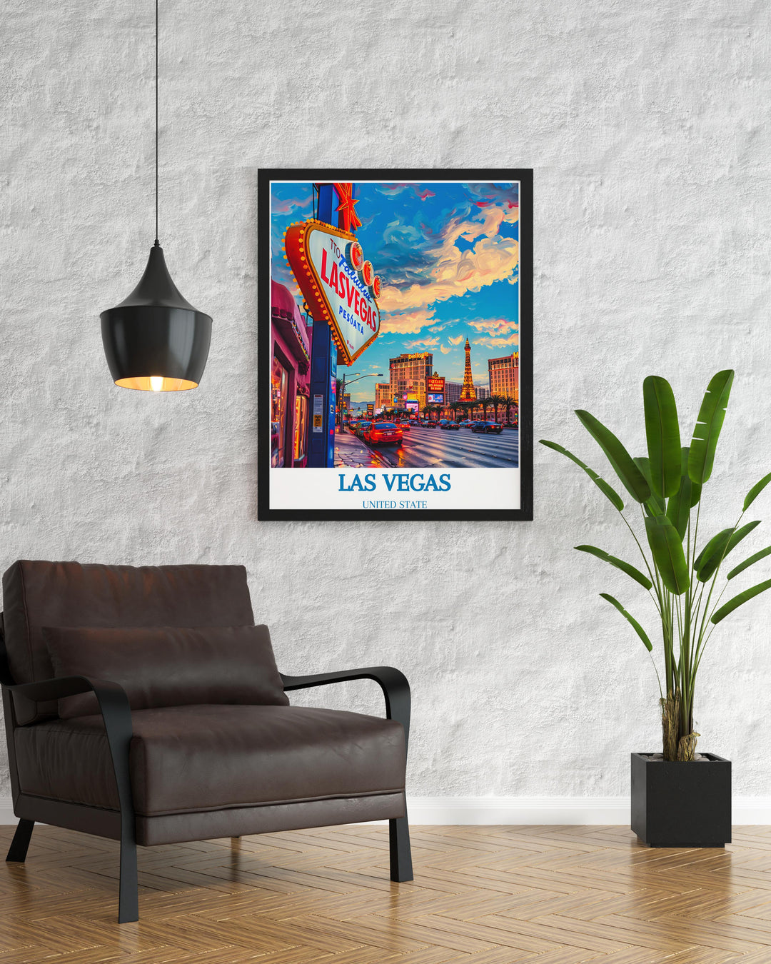 Las Vegas cityscape print highlighting the neon lights and casino facades, perfect for creating a focal point in entertainment spaces.