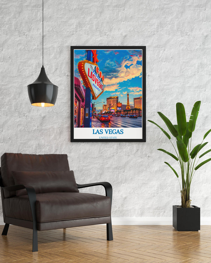 Las Vegas cityscape print highlighting the neon lights and casino facades, perfect for creating a focal point in entertainment spaces.
