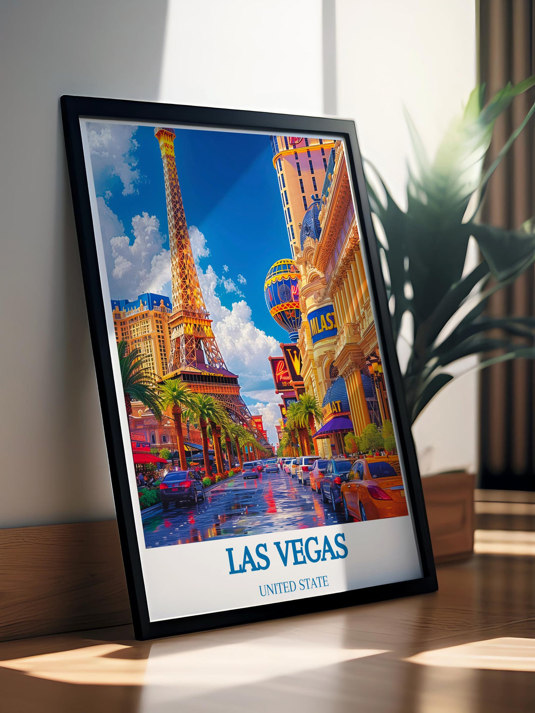 Canvas art featuring a panoramic view of Las Vegas at sunset, blending urban structures with the deserts natural beauty.