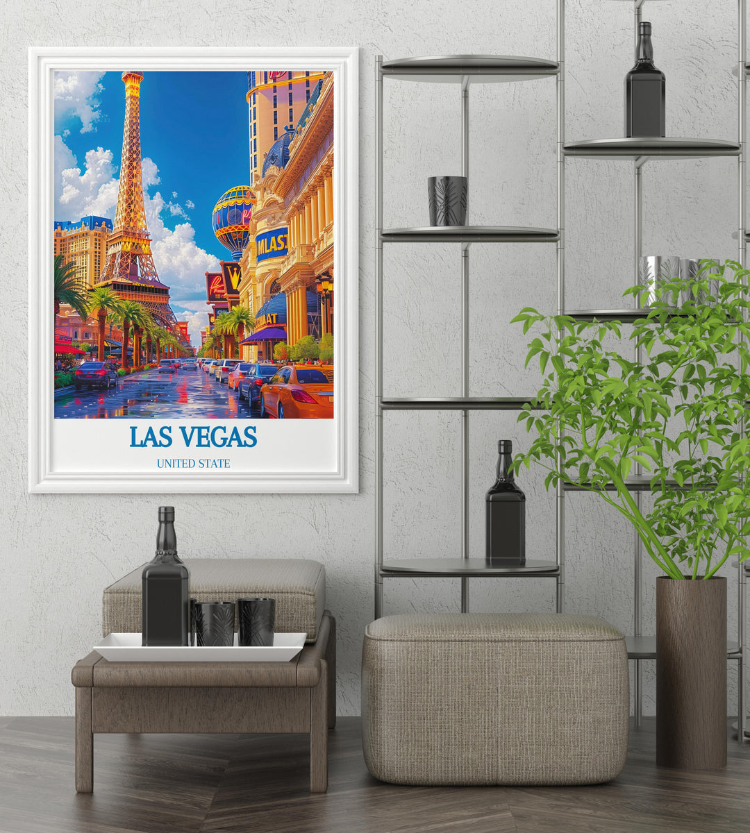 Vibrant artwork of the Las Vegas Strip during a bustling evening, suitable for creating a lively atmosphere in any room.