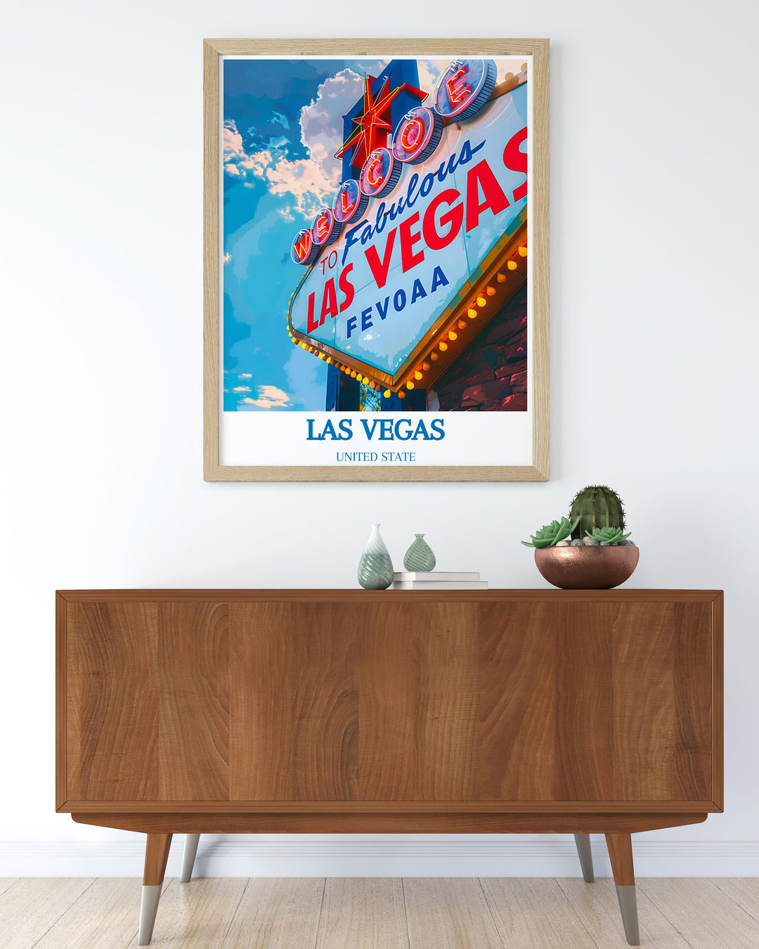 Travel poster highlighting Las Vegas as a key destination, perfect for decorating a home office or living space.