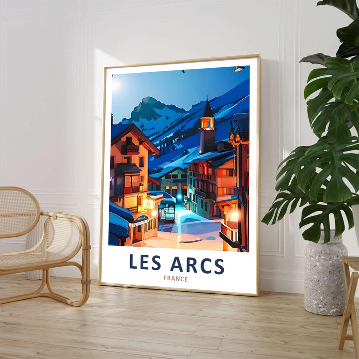 Cozy traditional chalets and a clock tower spire glow against twilight mountain slopes in this Les Arcs print by MapYourDreams. Available as an unframed travel print, gallery wrapped canvas, or sleek framed setup.
