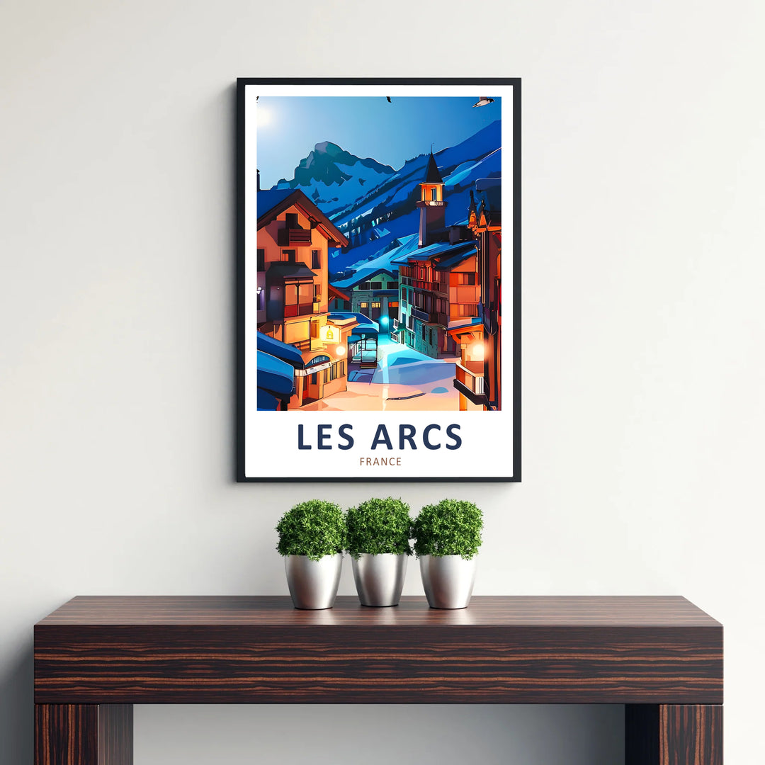 Graphic brushwork captures glowing shop fronts and snow-dusted pathways in this Les Arcs poster created for skiing enthusiasts. Offered as an unframed poster, wood frame art, or gallery canvas.