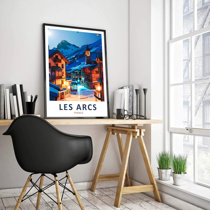 High-contrast chalet lighting and cool cobalt mountain shadows star in this classic Les Arcs travel poster by MapYourDreams. Available unframed, framed, or on stretched canvas.