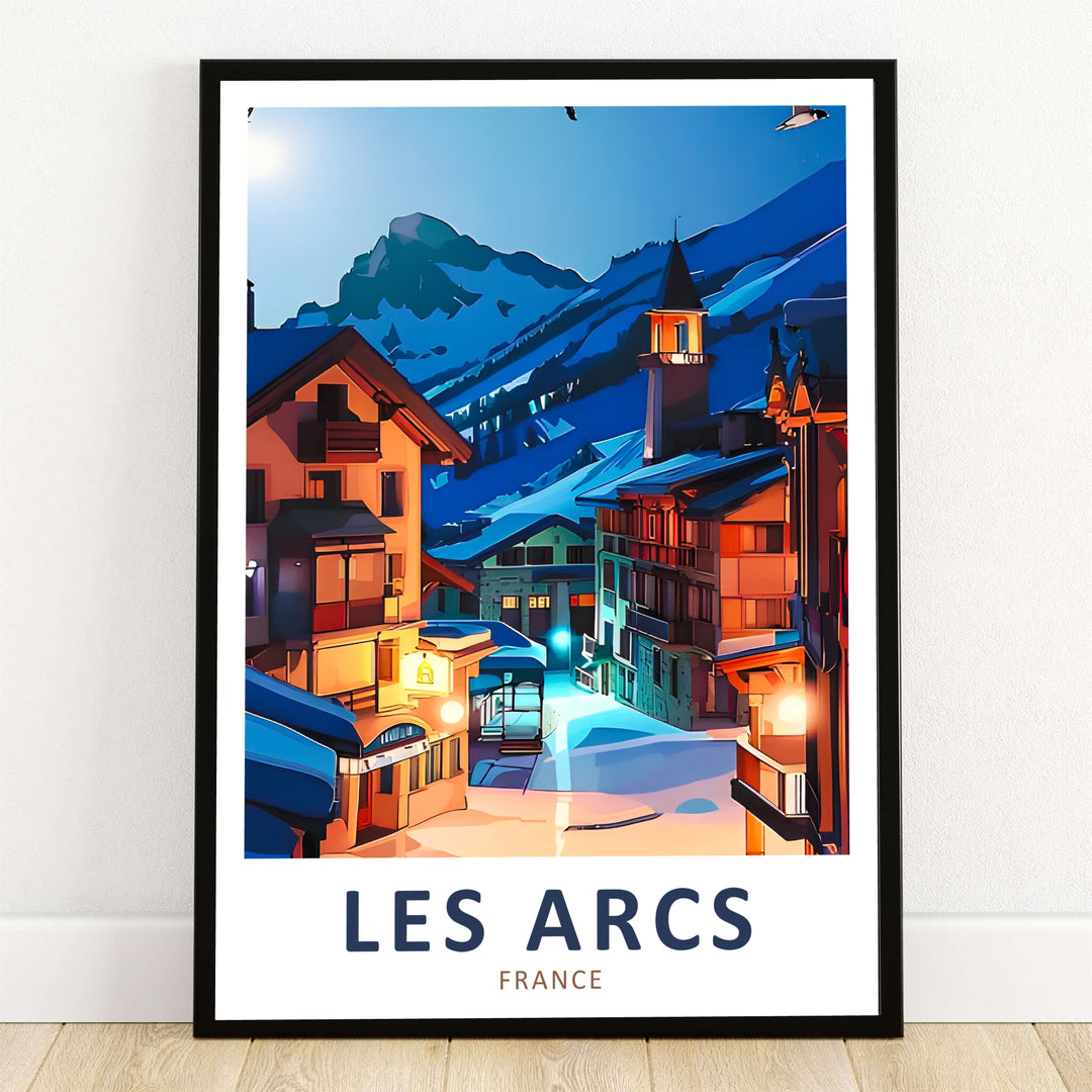 Warm golden light spills onto snowy village lanes below alpine peaks in this Les Arcs poster. Offered as a gallery canvas print, black framed display, or unframed paper poster.