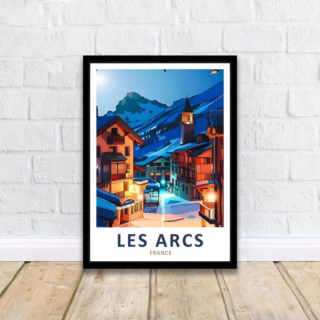 Vibrant warm amber window glows and deep evening blue tones define this Les Arcs print celebrating European ski culture. Order as a ready-to-hang canvas, unframed poster, or framed display piece.