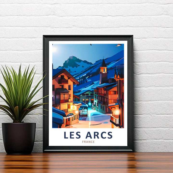 Sweeping views through a snow-lined alpine village toward high peak summits in this Les Arcs poster create a cozy mood for chalet decor. Offered in unframed, gallery canvas, or framed formats.