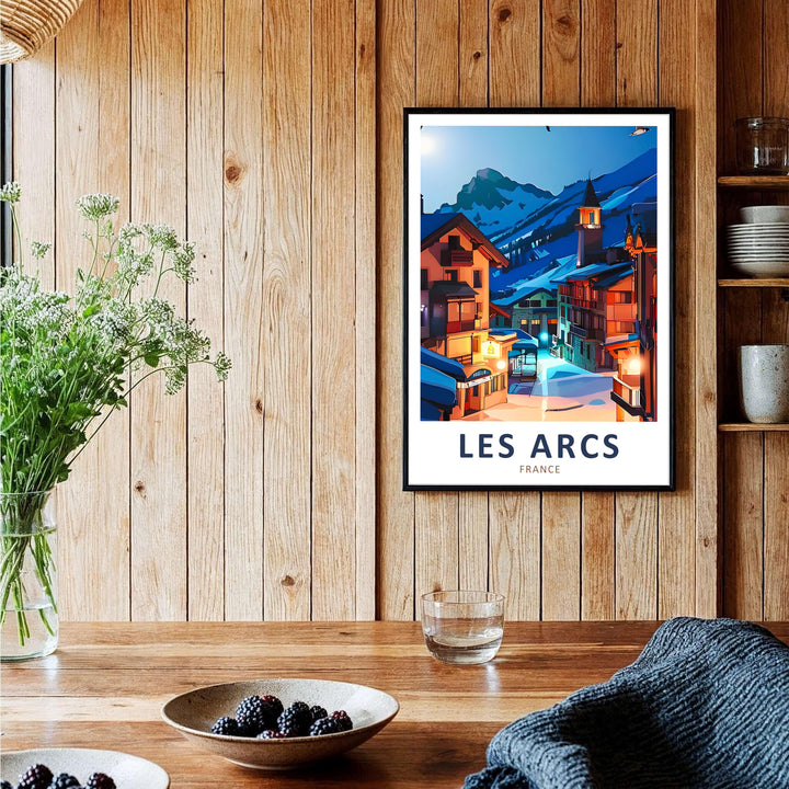 Bright twilight skies and illuminated wooden chalet facades highlight this detailed Les Arcs print. Sold as canvas print, unframed poster, or framed art.