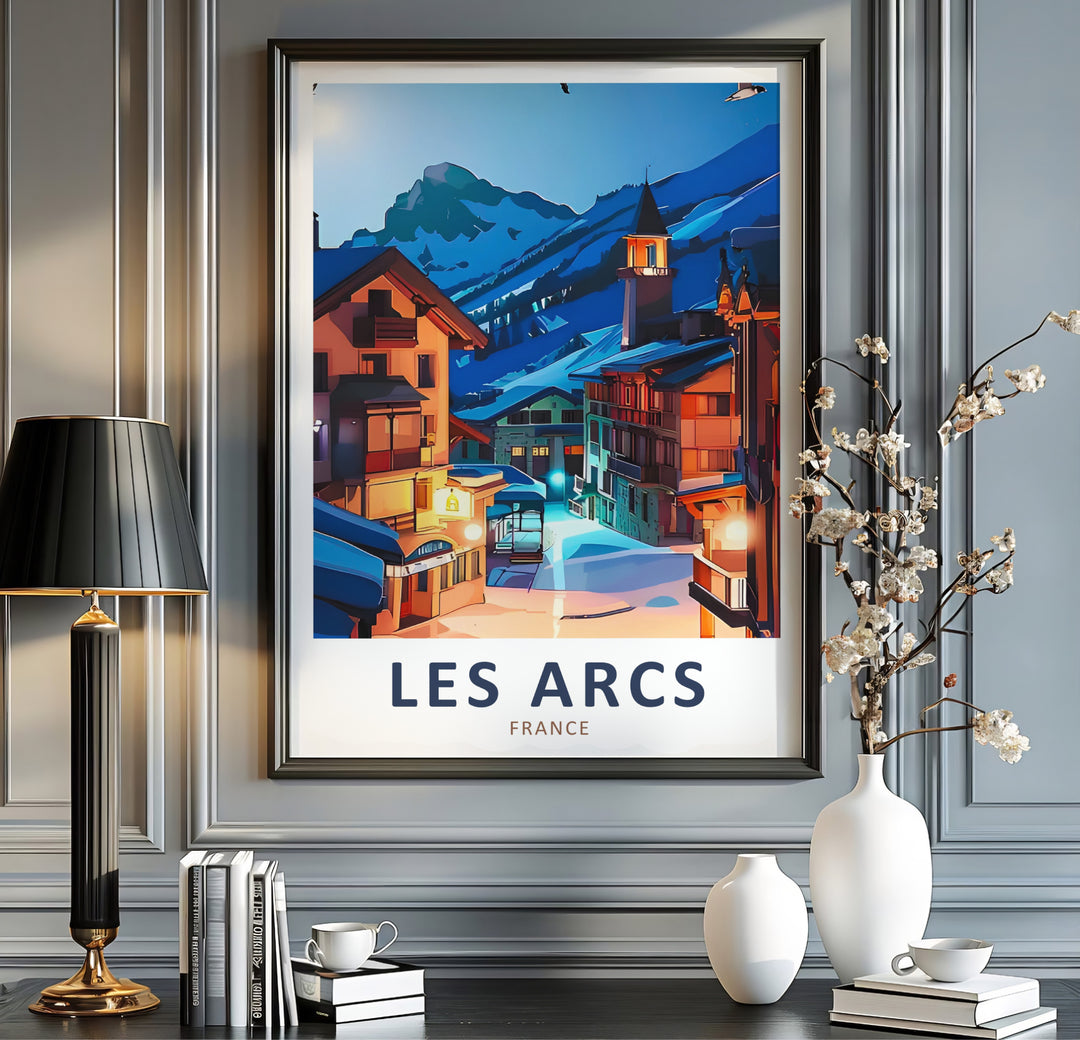 Radiant golden streetlamps and crisp mountain air vibes bring this Les Arcs wall art to life, showcasing Les Arcs 1950 in France. Select from an unframed poster, gallery canvas, or framed display.